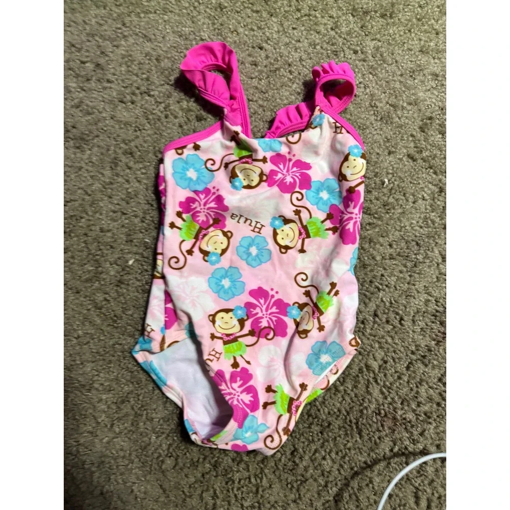 Jumping Beans Toddler Girls Pink Hula Monkey Hibiscus One Piece Swimsuit 3T